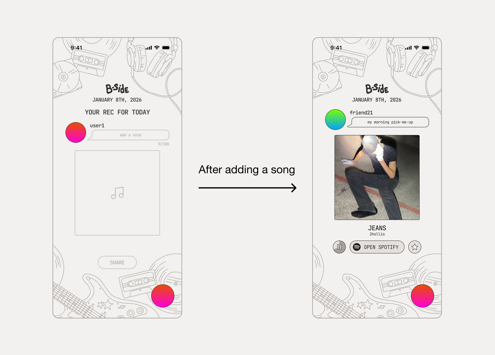 Reworked concept of B-Side home page and then a different page with a friend sharing a song and a note